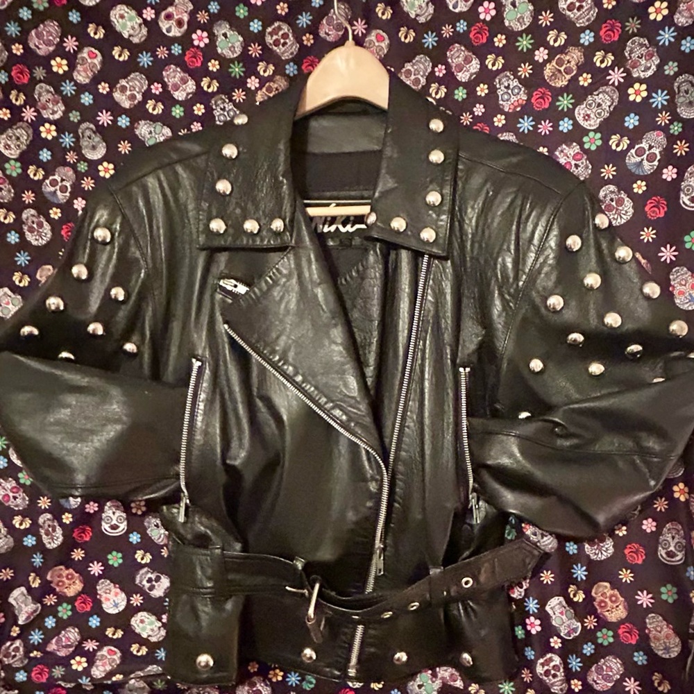 Genuine studded leather jacket with belt